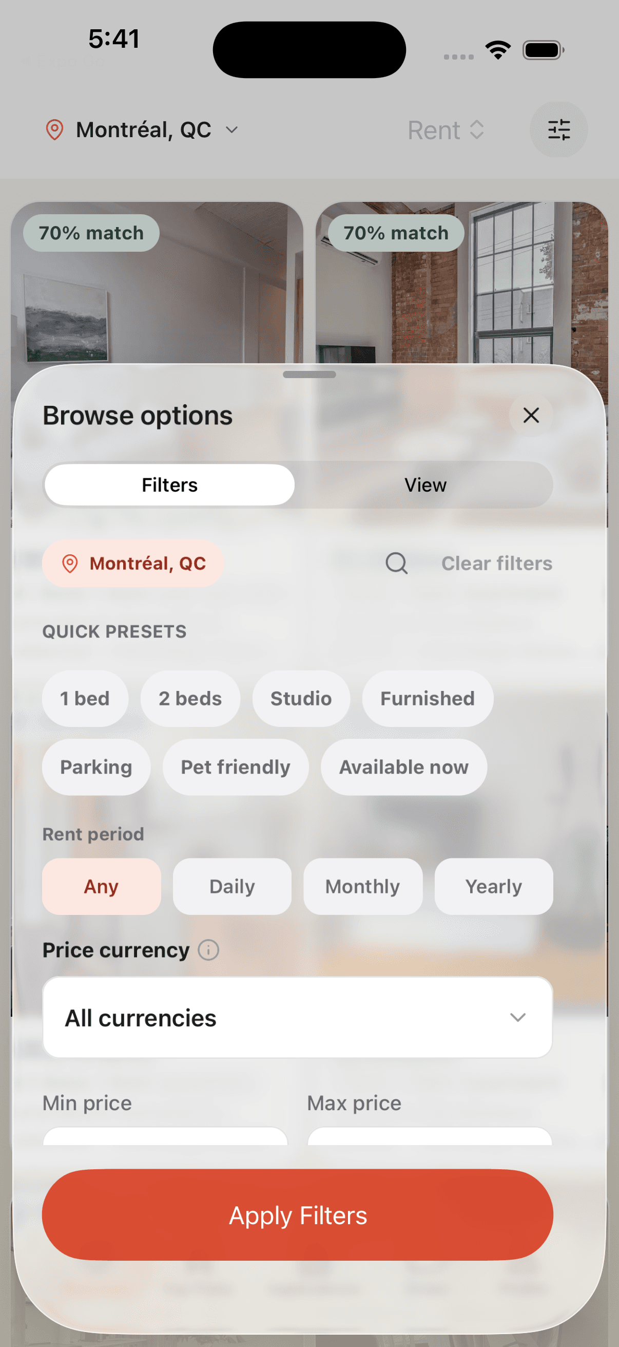 Quick presets, rent period and currency in Filters.
